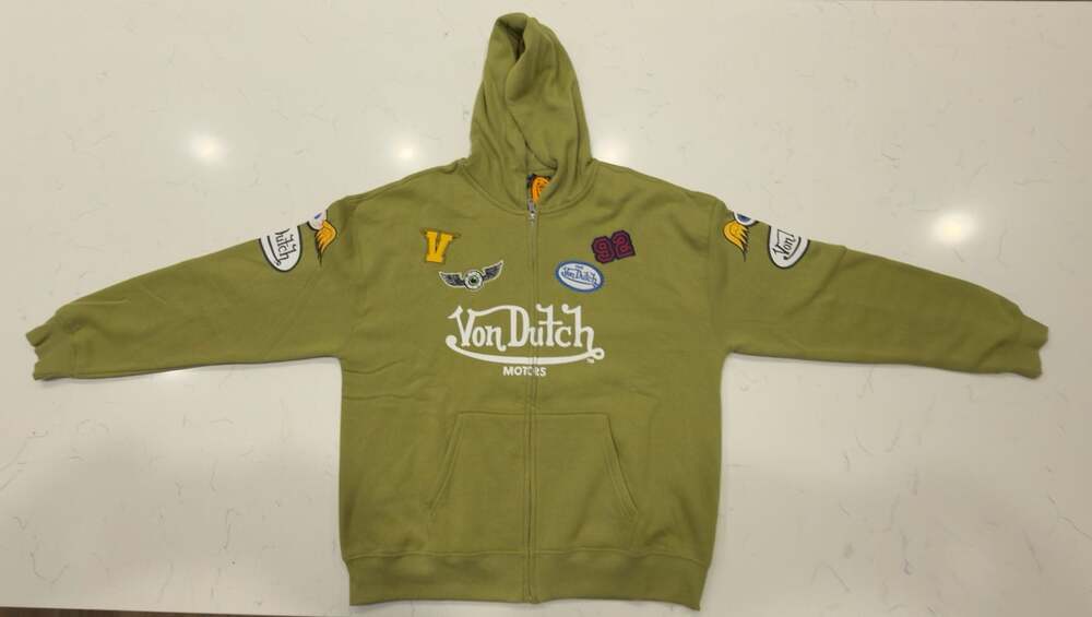 Von Dutch Embroidered Patches Full-Zip Fleece Hoodie Olive Green Size L
